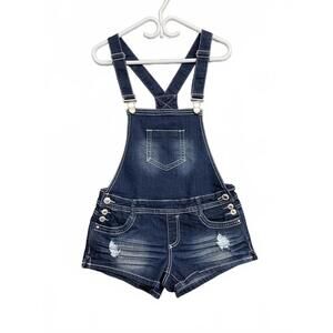 Almost Famous Distressed Denim Short Overall with Adjustable Straps Stretch Sz 9